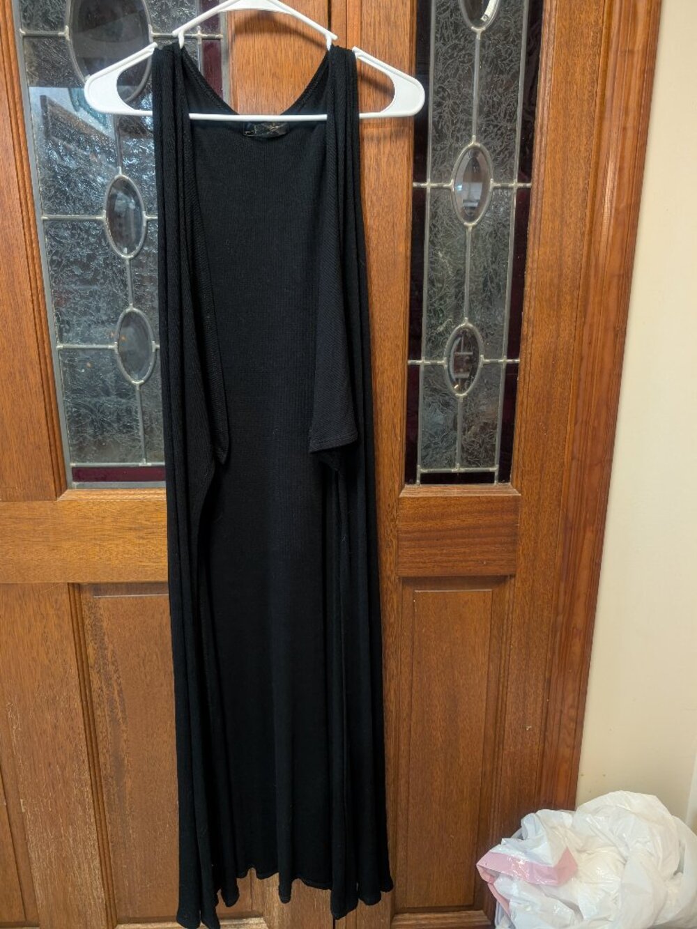 Womens sleeveless longline open-front draped cardigan, size Medium